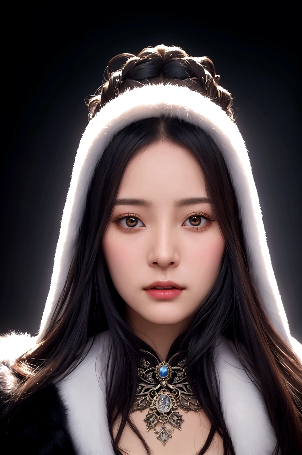 (active attention, original photo), Portrait close-up, (in the darkness:1.1), Surrealist Portraits of Women by David Hockney and Alphonse Mucha, fantasy art, 1 girl, 穿著華麗的Fur與逼真的照片, Dynamic lighting, art station, poster, Volumetric lighting, Very detailed faces, 4K, Awards, shadow, Low profile, (official clothing: 1.4, Gorgeous Fur, Intricate clothing, Fur), looking at camera, Half-length photo, ((Realistic face))),