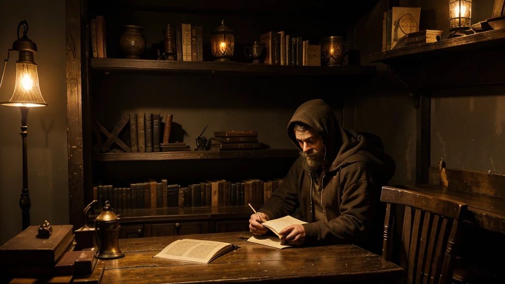 In the dimly lit room, a man sits on an old wooden chair. He is wearing a dark hoodie, the hood pulled up so that his face is obscured in shadow. In front of him is a small, worn table. On the table lies an old, weathered book, its pages yellowed with age, and a few unlit candles, their wax surfaces slightly melted from previous use.
The room is barely illuminated, with only the faintest glow emanating from two rusty overhead lamps hanging above him. Their light flickers weakly, casting long, dancing shadows that merge with the darkness.
Behind the man is an extensive library, the shelves filled with countless books of various sizes and colors. The spines of these books hint at their age and the knowledge they contain, their titles barely discernible in the low light. The air is thick with the scent of old paper and a hint of mustiness, a testament to the room's antiquity.
The overall atmosphere is one of quiet mystery and solitude, a perfect setting for secrets and forgotten lore.