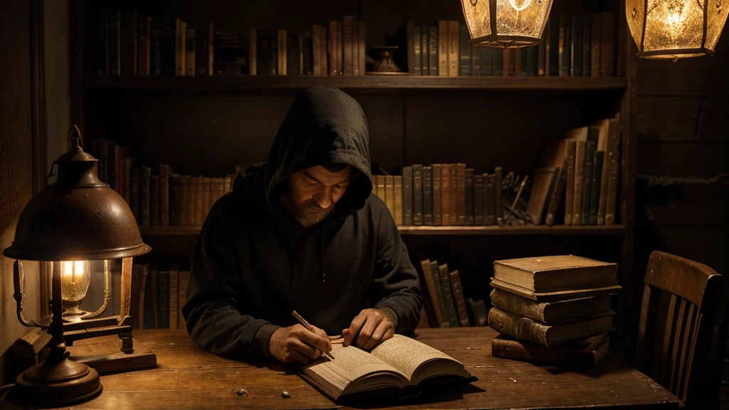 In the dimly lit room, a man sits on an old wooden chair. He is wearing a dark hoodie, the hood pulled up so that his face is obscured in shadow. In front of him is a small, worn table. On the table lies an old, weathered book, its pages yellowed with age, and a few unlit candles, their wax surfaces slightly melted from previous use.

The room is barely illuminated, with only the faintest glow emanating from two rusty overhead lamps hanging above him. Their light flickers weakly, casting long, dancing shadows that merge with the darkness. 

Behind the man is an extensive library, the shelves filled with countless books of various sizes and colors. The spines of these books hint at their age and the knowledge they contain, their titles barely discernible in the low light. The air is thick with the scent of old paper and a hint of mustiness, a testament to the room's antiquity.

The overall atmosphere is one of quiet mystery and solitude, a perfect setting for secrets and forgotten lore.