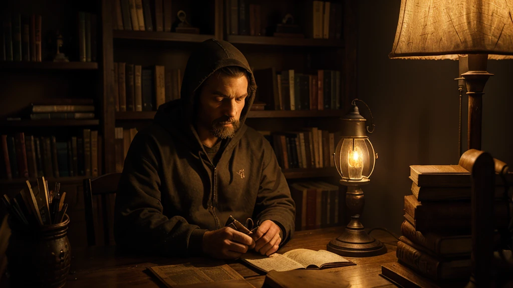 In the dimly lit room, a man sits on an old wooden chair. He is wearing a dark hoodie, the hood pulled up so that his face is obscured in shadow. In front of him is a small, worn table. On the table lies an old, weathered book, its pages yellowed with age, and a few unlit candles, their wax surfaces slightly melted from previous use.
The room is barely illuminated, with only the faintest glow emanating from two rusty overhead lamps hanging above him. Their light flickers weakly, casting long, dancing shadows that merge with the darkness.
Behind the man is an extensive library, the shelves filled with countless books of various sizes and colors. The spines of these books hint at their age and the knowledge they contain, their titles barely discernible in the low light. The air is thick with the scent of old paper and a hint of mustiness, a testament to the room's antiquity.
The overall atmosphere is one of quiet mystery and solitude, a perfect setting for secrets and forgotten lore.