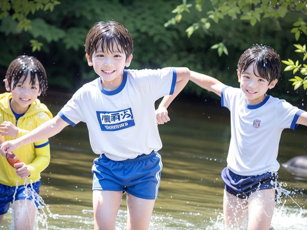 In the forest、Swimming in the river、Cool and refreshing water、e eleYear old boy、Boy in gym clothes、The bottom of the white T-shirt is blue、Blue shorts、The boys are playing、Get wet all over、Noisy boys、Splashing Water、Japanese、(Boy 1.4)