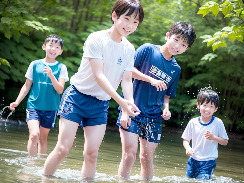 In the forest、Swimming in the river、Cool and refreshing water、e eleYear old boy、Boy in gym clothes、The bottom of the white T-shirt is blue、Blue shorts、The boys are playing、Get wet all over、Noisy boys、Splashing Water、Japanese、（Boy 1.4）