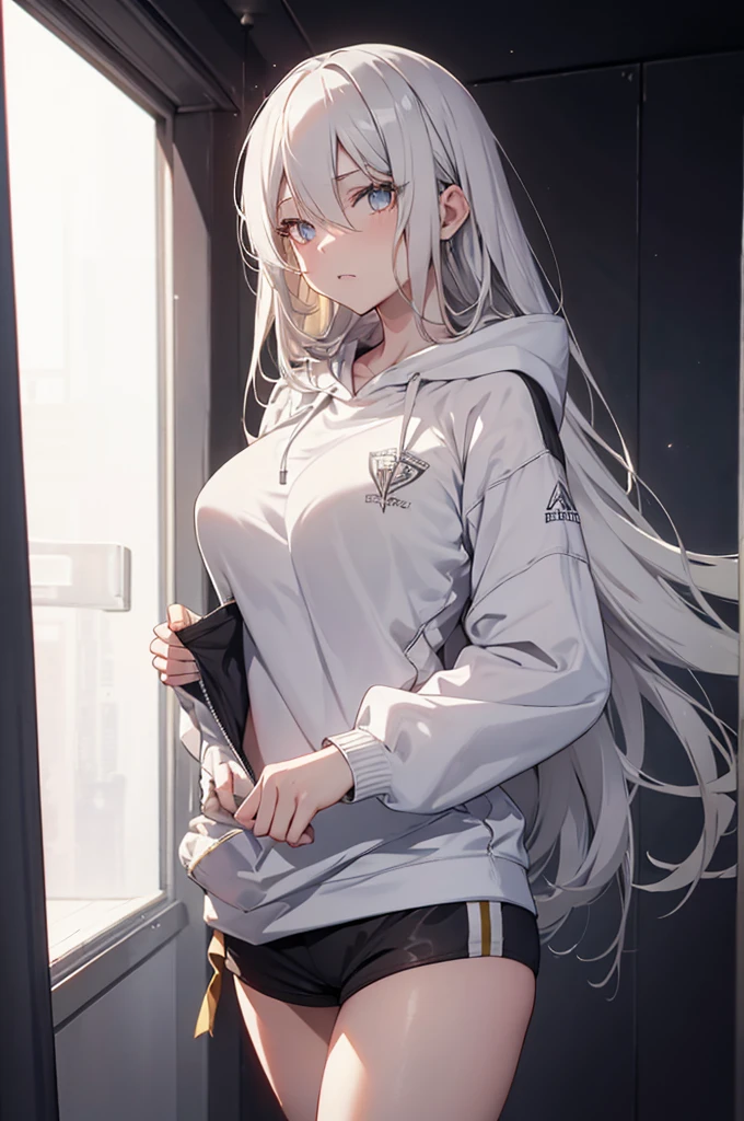 , Concept Art, white Background, simple Background, White hair, Silver gradient hair , Composite cloth, Virtual YouTuber, best quality, masterpiece, Dynamic Angle, , cowboy_shooting, Watching_Back, grab, girl,Miss,woman, young,20 years old, , Hair Flip, Silver Hair, Flowing hair, Ahog, giggle, Beautiful and delicate golden eyes, teeth, Large Breasts, Blonde eyes, White skin, hoodie, Black_shorts, Gray clothes, transparent_Background, Backlighting, absurd, high resolution, Extremely detailed,sweater,
