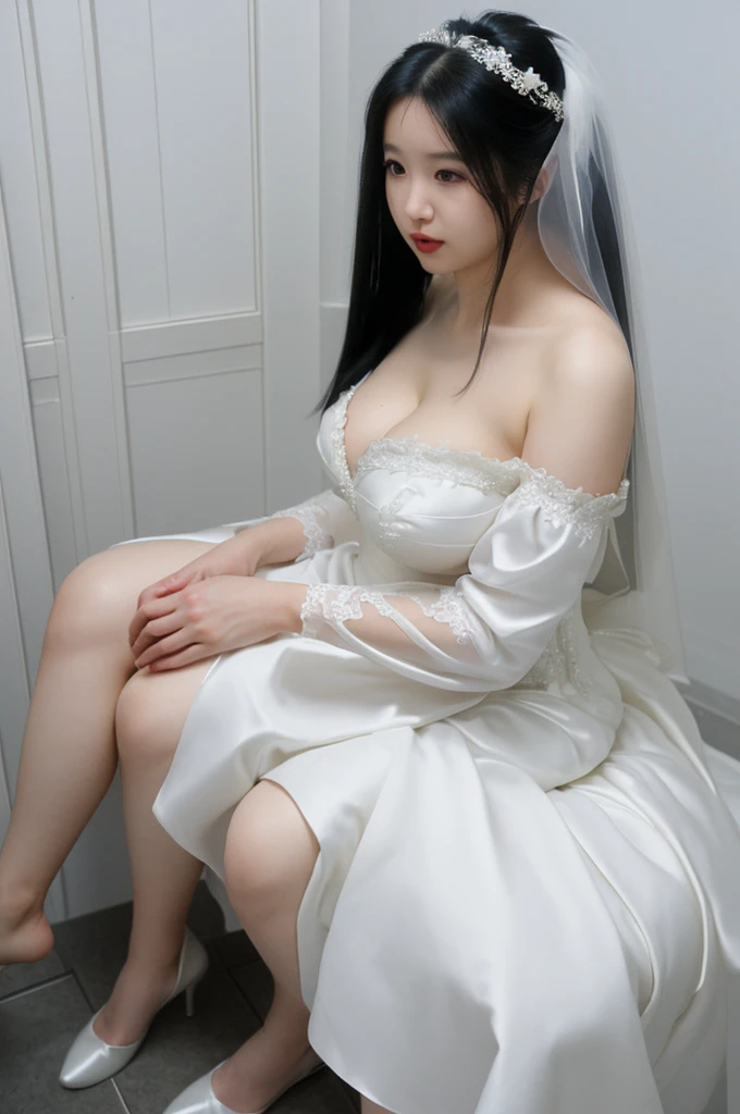 bride、Wearing a wedding dress、Super fat、Big Breasts、Big Ass、Super long straight black hair、Small private room、Sitting on the toilet