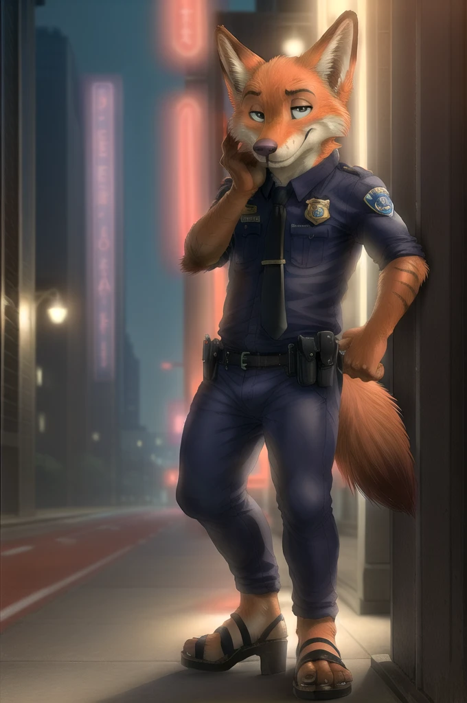 (energetic, by honovy, от zenthetiger, from Sausch), Nick Wilde, male, Fox, One, tie, safe, dressed, green eyes, Police uniform,sandals with heels,standing, city, Street, Tokyo, Akihabara, neon lights, night
