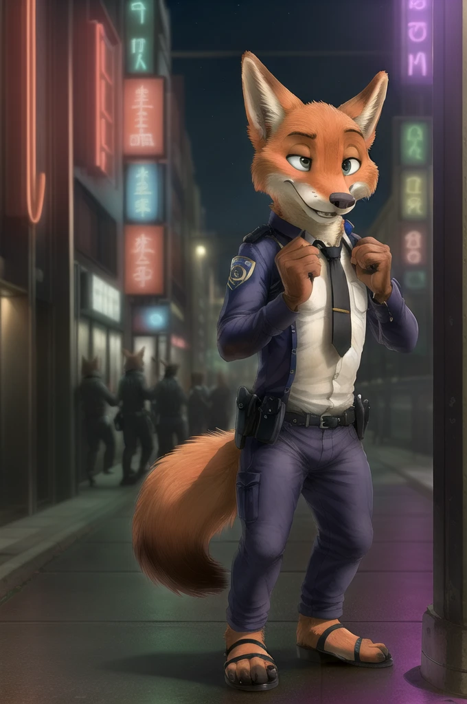 (energetic, by honovy, от zenthetiger, from Sausch), Nick Wilde, male, Fox, One, tie, safe, dressed, green eyes, Police uniform,sandals with heels,standing, city, Street, Tokyo, Akihabara, neon lights, night