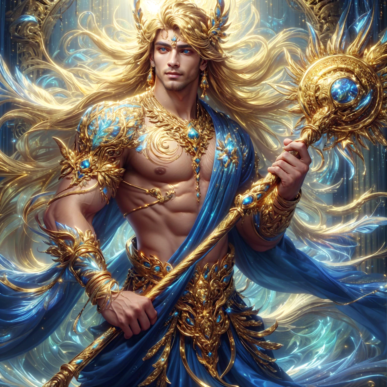Male, exquisite gold outfit, exquisite gold jewelry , Man, the god is very handsome. , Handsome Man