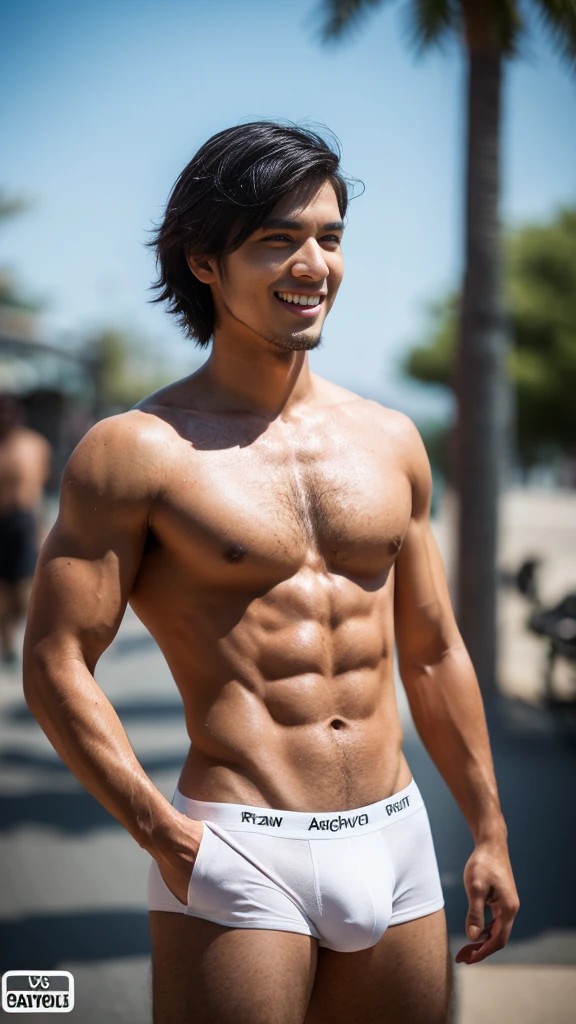 (8K, RAW photo, Highest quality), Realistic, portrait of Malay man, Malaysian, Native exotic Malay look, frontage, Intricate details, Perfectly proportioned average muscular body, Smooth tanned skin, Shirtless, white underwear Detailed face, Handsome, Perfect eyes, Short hair, Nice smile with dimple, Ray tracing, Anatomically correct, Manly looks, Male focus, Masculine, Average body, Nice body shape, Nice chest, Nice nipple, Exposing abs, Exposing chest, Sweat body, Sweat face, Dramatic lighting, Soft details, Outdoor, Full body , Award-winning photography, Full body photograph shot with Kodak Portra 800, a Hasselblad 500C, 55mm f/ 1.8 lens, extreme depth of field, available light, high
contrast, Ultra HD, DTM