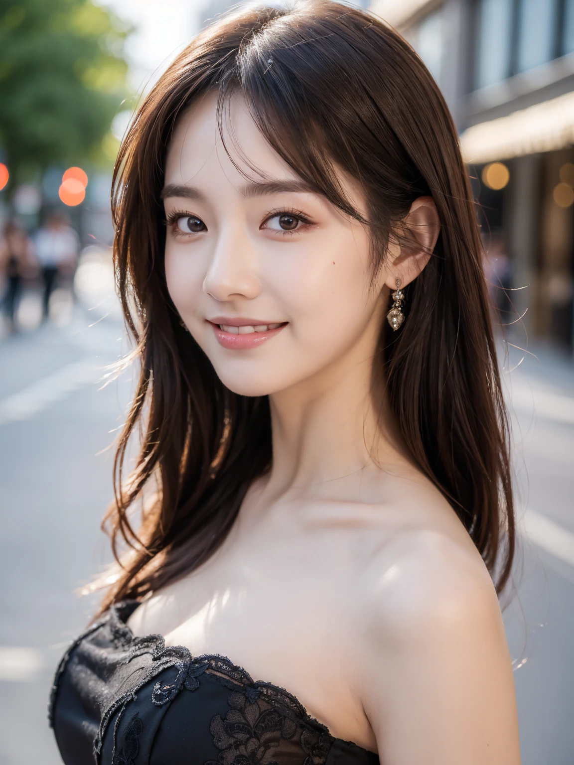 ((best quality, 8K, masterpiece :1.3)), 1 girl, smiling, whole body, face slimming, Pretty Woman, (dark brown hair), full length dress :1.1, very detailed face, delicate eyes, double eyelid, blurred background, face slimming, city, Out, distance,