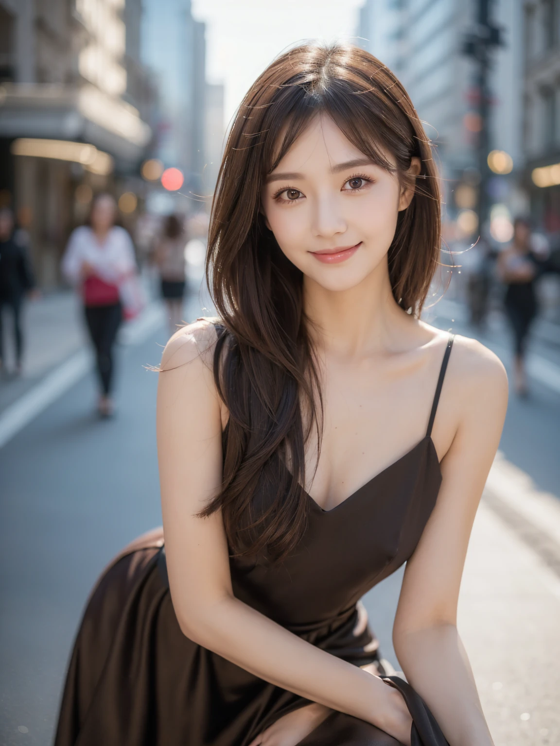 ((best quality, 8K, masterpiece :1.3)), 1 girl, smiling, whole body, face slimming, Pretty Woman, (dark brown hair), full length dress :1.1, very detailed face, delicate eyes, double eyelid, blurred background, face slimming, city, Out, distance,