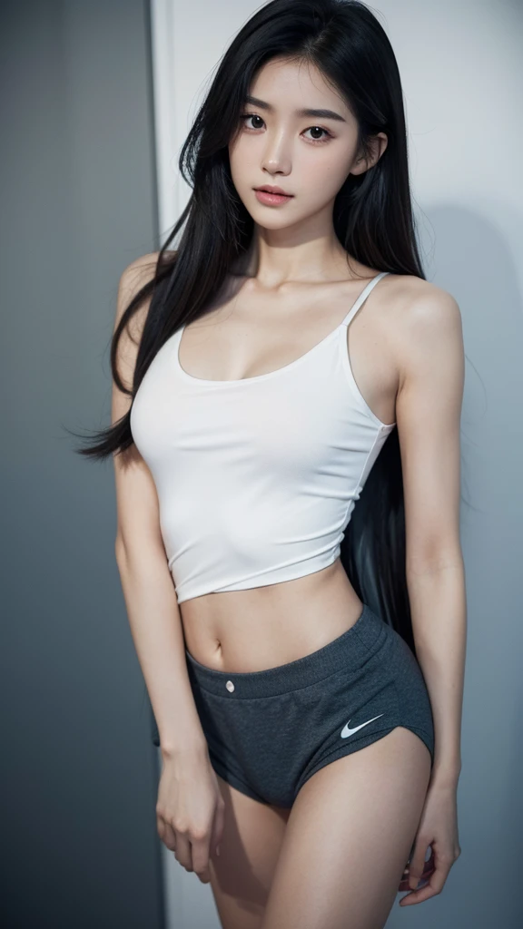 Quiet,Light makeup,Sexy,Peerless Beauty,Intellectual,clavicle,Neat long hair,Black Hair,Delicate face,Exquisite facial features,Natural expression,Natural eyes,sexy blue sports shorts