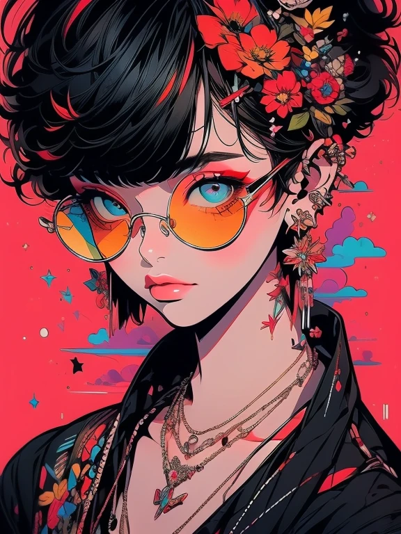 (masterpiece:1.2), Highest quality,sexy,Big Breasts, alone, Colored glasses, jewelry, hair ornaments, View your viewers,One girl, short hair,Earrings, flower, Colored glasses, sunglasses, necklace, bangs, Black Hair、 Round Glasses, Earrings