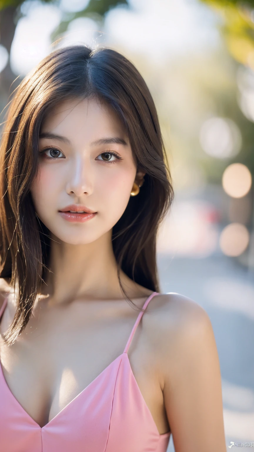 ((Best quality, 8K, masterpiece:1.3)),1girl,18 years old,Asian,Real texture:1.3,(Background blur:1.1),Dress Up,Tall and slender figure:1.2,(Hot summer weather),(street:1.3),Highly detailed face and skin textures,Exquisite eyes,Long eyelashes,Double eyelids,Skin Whitening,happy,Various postures,Big breasts
