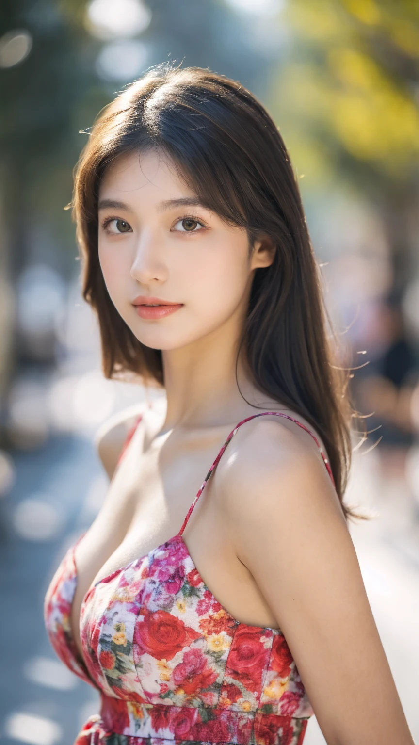 ((Best quality, 8K, masterpiece:1.3))，1girl，18 years old，Asian，Real texture:1.3，(Background blur:1.1)，Dress Up，Tall and slender figure:1.2，(Hot summer weather)，（street:1.3），Highly detailed face and skin textures，Exquisite eyes，Long eyelashes，Double eyelids，Skin Whitening，happy，Various postures，Big breasts