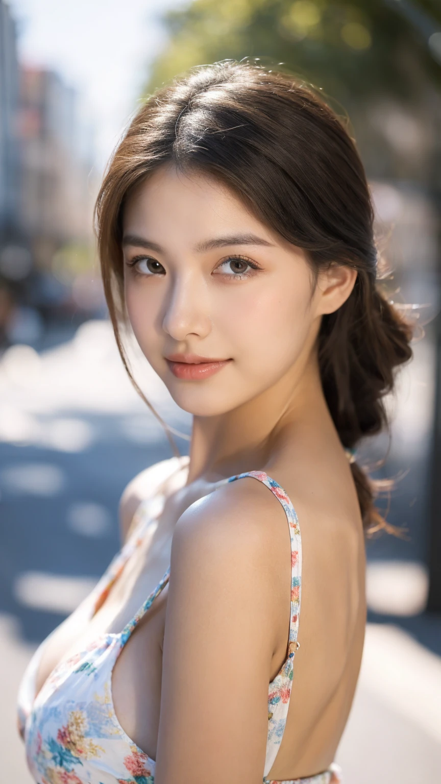 ((Best quality, 8K, masterpiece:1.3)),1girl,18 years old,Asian,Real texture:1.3,(Background blur:1.1),Dress Up,Tall and slender figure:1.2,(Hot summer weather),(street:1.3),Highly detailed face and skin textures,Exquisite eyes,Long eyelashes,Double eyelids,Skin Whitening,happy,Various postures,Big breasts