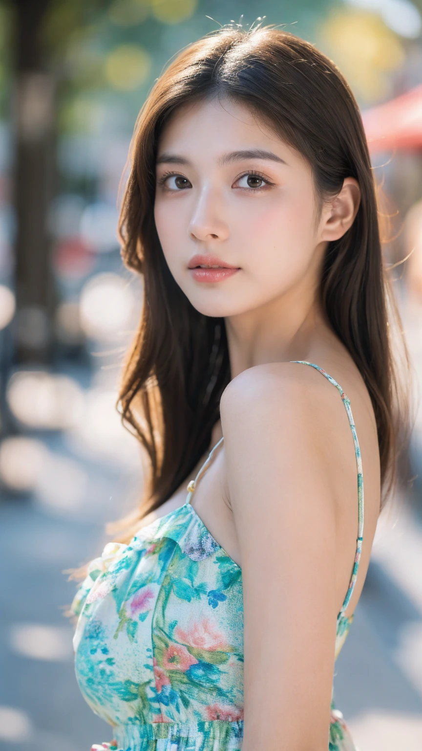 ((Best quality, 8k, masterpiece:1.3)),1girl,18 years old,Asian,Real texture:1.3,(Background blur:1.1),Dress Up,Tall and slender figure:1.2,(Hot summer weather),(street:1.3),Highly detailed face and skin textures,Exquisite eyes,Long eyelashes,Double eyelids,Skin Whitening,happy,Various postures,Breast