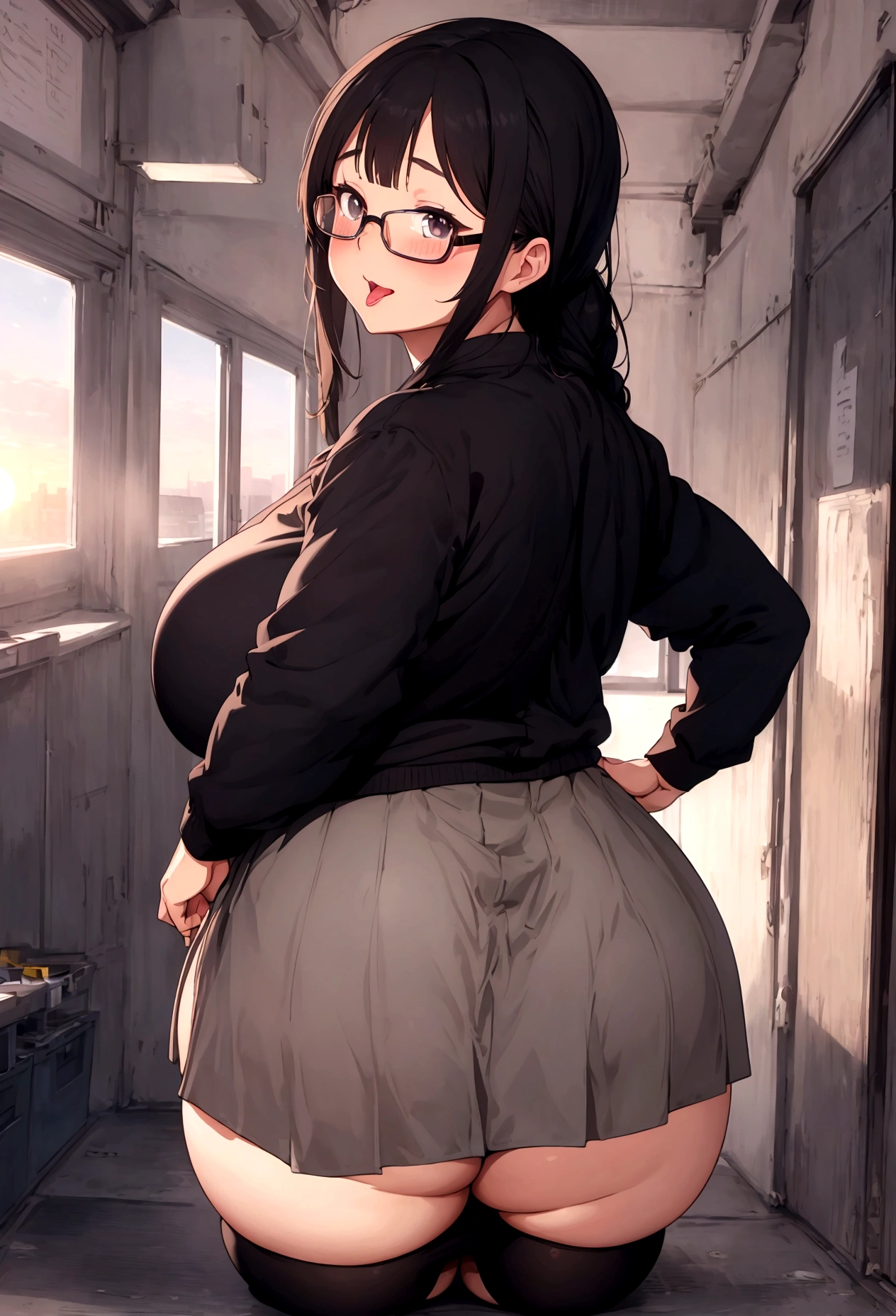 Anime-style image of a woman wearing a short skirt and glasses, hyperRealistic , a hyperRealistic , chic, Realistic , , Gwaiz, artwork in the style of Gwaiz, (SFW) Safe at Work, [ 4k digital art ]!!, Short full body portrait!,(masterpiece), (One serious civil service commissioner: 1.3), (Super thick and plump body: 1.3), (Huge breasts and buttocks)), (Small Head: 1.2), (Very small uniform)), (Shiny skin: 1.2), (A speech while crouching in the stands in the schoolyard in the morning)), {fat},1boy, penis, doggystyle, from behind, spreadassms, chubby body, fat body, short,ultra detailed, masterpiece, best quality, blush, a woman, rolling eyes, open mouth, school girl, wearing , wearing glasses, classroom, sunset, light particles, hdr, brown grey hair, midium wavy hair, shiny hair, bang, single braid, clear grey eyes, Smiling Kiss, Tongue Out, アニメ ,orgasm face, sexual climax, bitch, back shot, back view, low angle, from below, back view, arched back, looking back, all fours, chubby body, BIG ASS , saliva, BBW, slender waist, anal, seiza, hands on head,white eyes, Hand Drawn, Showing Ass, Bobcut, Knee socks, (Super thick and plump body: 1.3), Butt sticking out, Close your legs, seiza, spread legs, pleated skirt, Stretch your arms back, long pleated skirt, I can&#39;t see your butt, Buttocks hide, Arms folded behind back, Super big butt, Awesome numbness , Plump , Chubby, Butt sticking out,