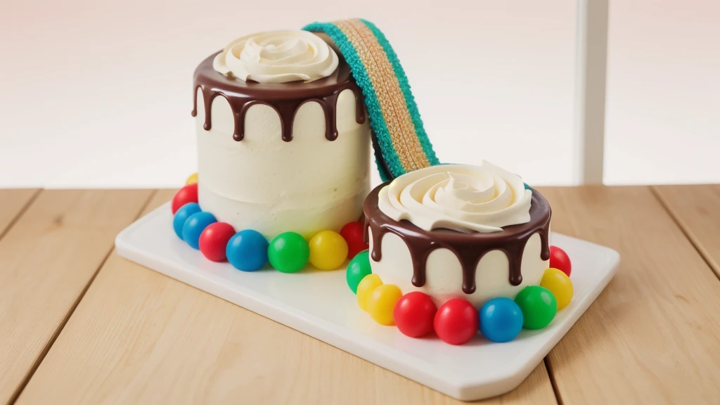 in the kitchen, on a wooden table, on a porcelain plate, two cakes made of white cream, sugar candies on the bottom, chocolate ganache on the cake, white swirls on the chocolate ganache, window light, bright lights, soft light, window light, professional lighting, light from the window, neat light, realistic texture, realistic style, detailed texture, high quality, high resolution, high quality rendering, realistic photo, brightning light, macro photo