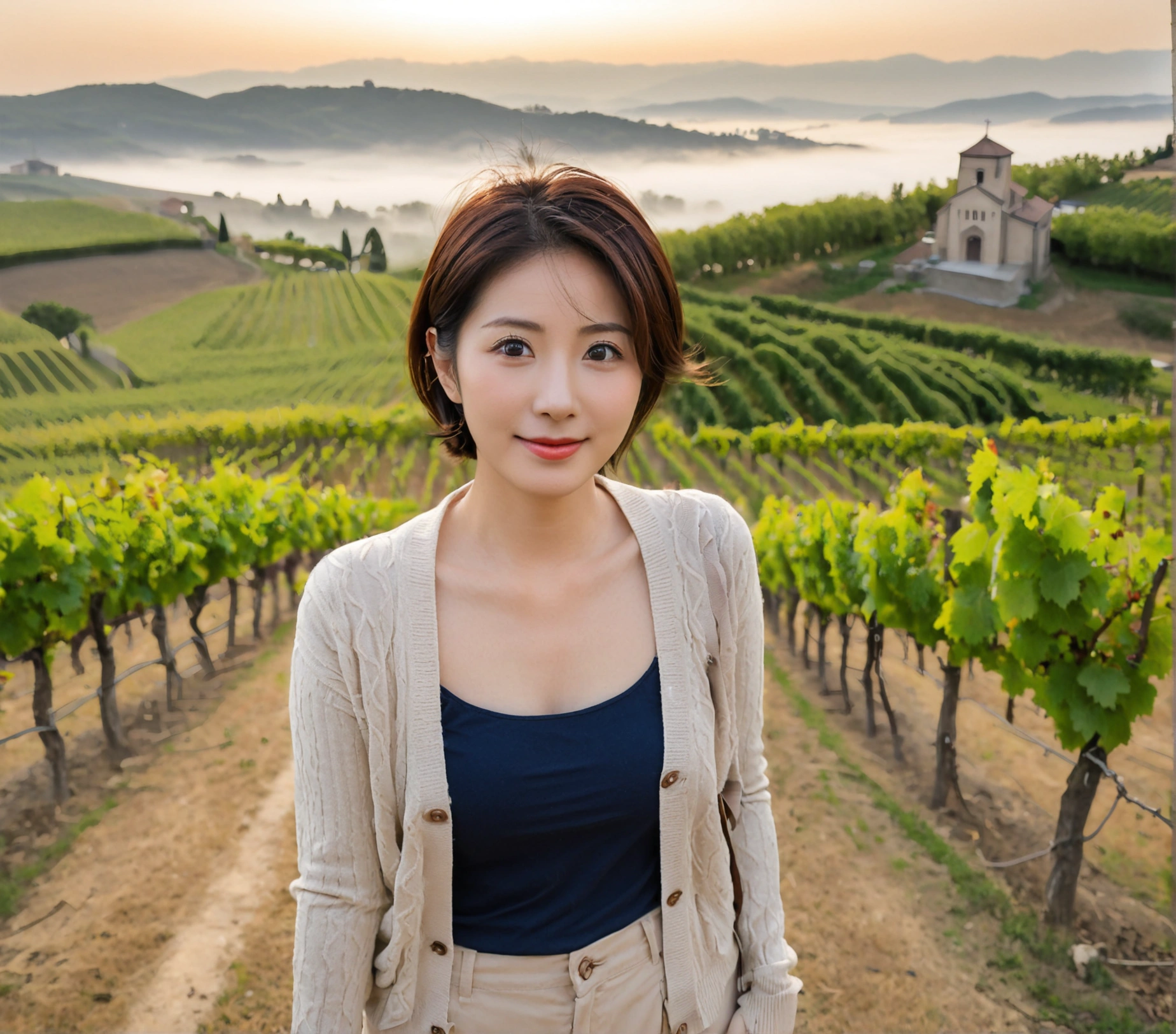 Full body photo taken with Canon Mark 5 camera 16-35 wide angle lens,8k best picture quality, Beautiful 36-year-old Korean woman, You have good skin and big and pretty eyes... Chest size 34 inches, italian countryside, past the vineyard, The cathedral can be seen in the distance in the thick fog..., The background is realistic and vivid quality.., Short and medium hair blowing in the wind, I neatly wore a short cardigan over a knit that went up to my neck... beige casual pants, smile. the background is clear, Short and slim Korean woman, stand far away, Photo taken with a wide-angle lens, A woman with big and pretty eyes, eyes are round and big, Taken while standing on a hill overlooking a vineyard, The red light before the morning sun rises is soft.