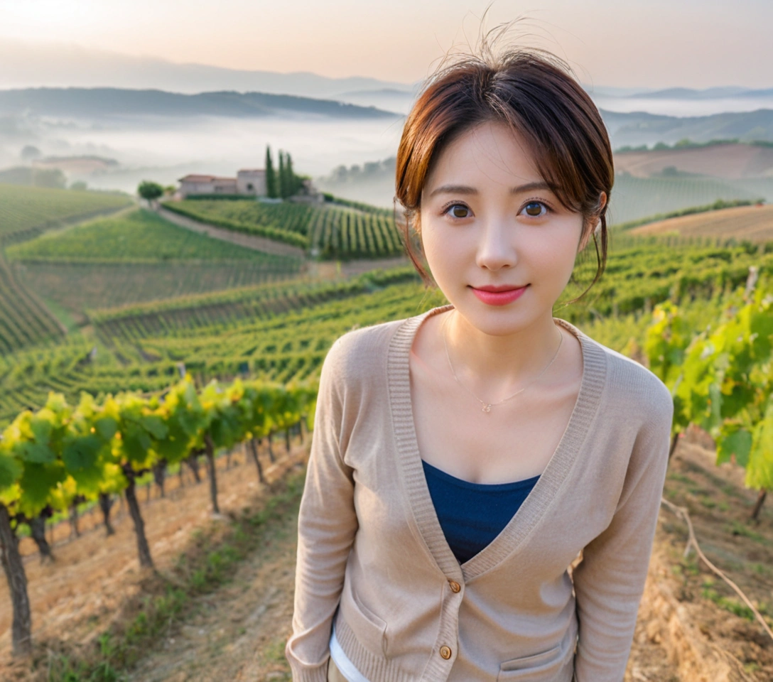 Full body photo taken with Canon Mark 5 camera 16-35 wide angle lens,8k best picture quality, Beautiful 36-year-old Korean woman, You have good skin and big and pretty eyes... Chest size 34 inches, italian countryside, past the vineyard, The cathedral can be seen in the distance in the thick fog..., The background is realistic and vivid quality.., Short and medium hair blowing in the wind, I neatly wore a short cardigan over a knit that went up to my neck... beige casual pants, smile. the background is clear, Short and slim Korean woman, stand far away, Photo taken with a wide-angle lens, A woman with big and pretty eyes, eyes are round and big, Taken while standing on a hill overlooking a vineyard, The red light before the morning sun rises is soft.