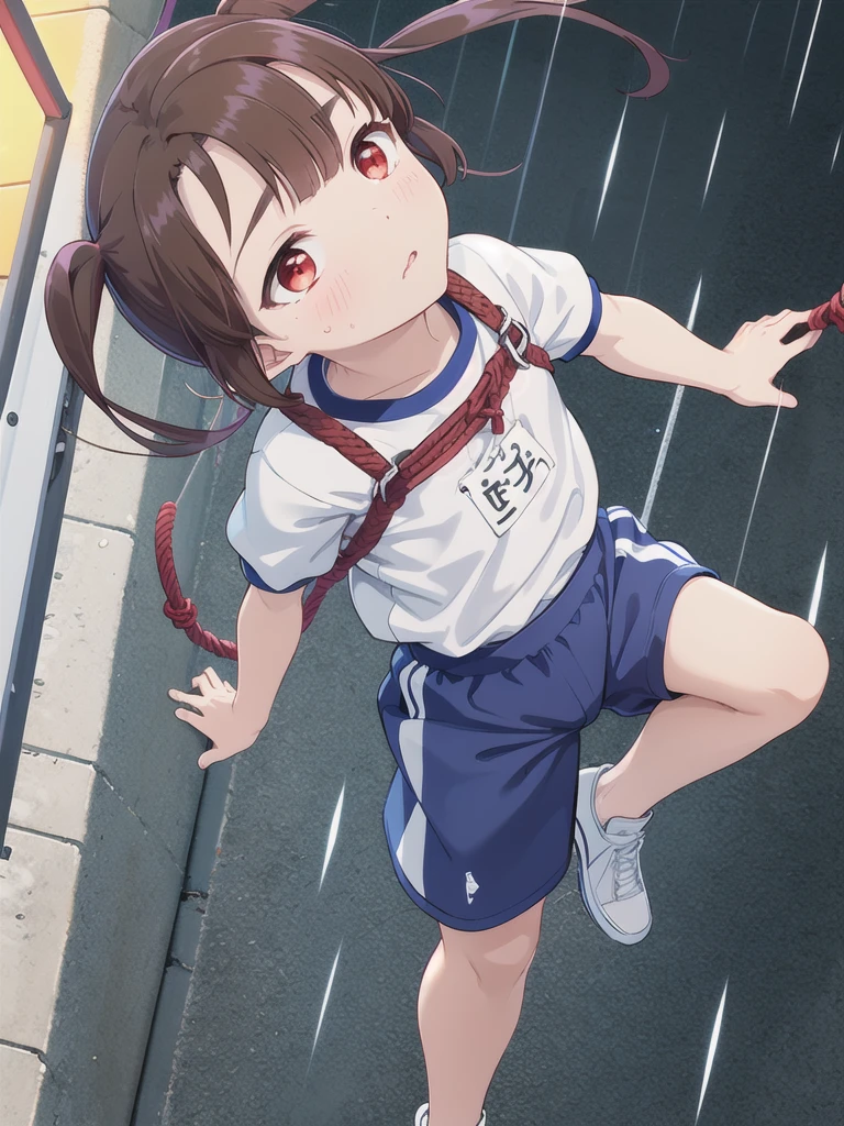 Outdoor,night,rain,Rope climbing to the roof,Raise your arms up,Hanging on to one big brown rope,White gym clothes,A red full harness over the gym uniform,Red eyes,Long twin tails,Brown Hair,Eyebrows visible through hair,Flat Chest,Looking Up,A view from above,face focus, 