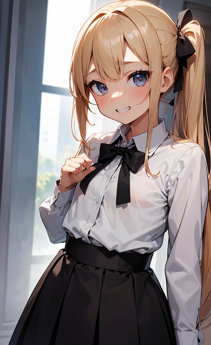 NSFW,One girl,
(Flat Chest:1.3),(shirtのボタンを開けて胸を見せてくれる:1.5),Beautiful breasts,(shirtを脱ぐ:1.5)
Blonde, {{{Half Twin Tail:1.3}}}、break,blush, bow, 赤いbow, Long sleeve, shirt, 襟付きのshirt, skirt, プリーツskirt, 黒いskirt, Small breasts,
{{{Face close-up}}},Upper Body,
Look down,View your viewers,
Tabletop, Highest quality, , Absurd, Perfect Skin, Detailed skin texture, Ultra-detailed, 8K, Intricate details, Beautifully detailed face,High resolution,
{{{Shadowed face}}}, mock, {{{Grit your teeth:1.2}}}, Grin, smile, Looking down at the viewer, masterpiece,Absurd, Beautiful detailed face when viewed from the front,