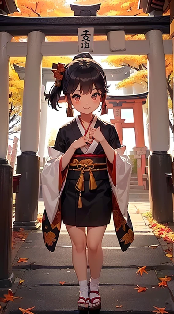 (8K, A masterpice, Best quality at best:1.5), (and souls, illutst:1.3), babes, solo,  (smile on face:1.2), (short stature:1.5), (Chest circumference small:1.3), pony tail, a Pretty,  (jinja shrine, a forest, autumn leaves:1.3), kimono, detailed finger, Detailed pupil