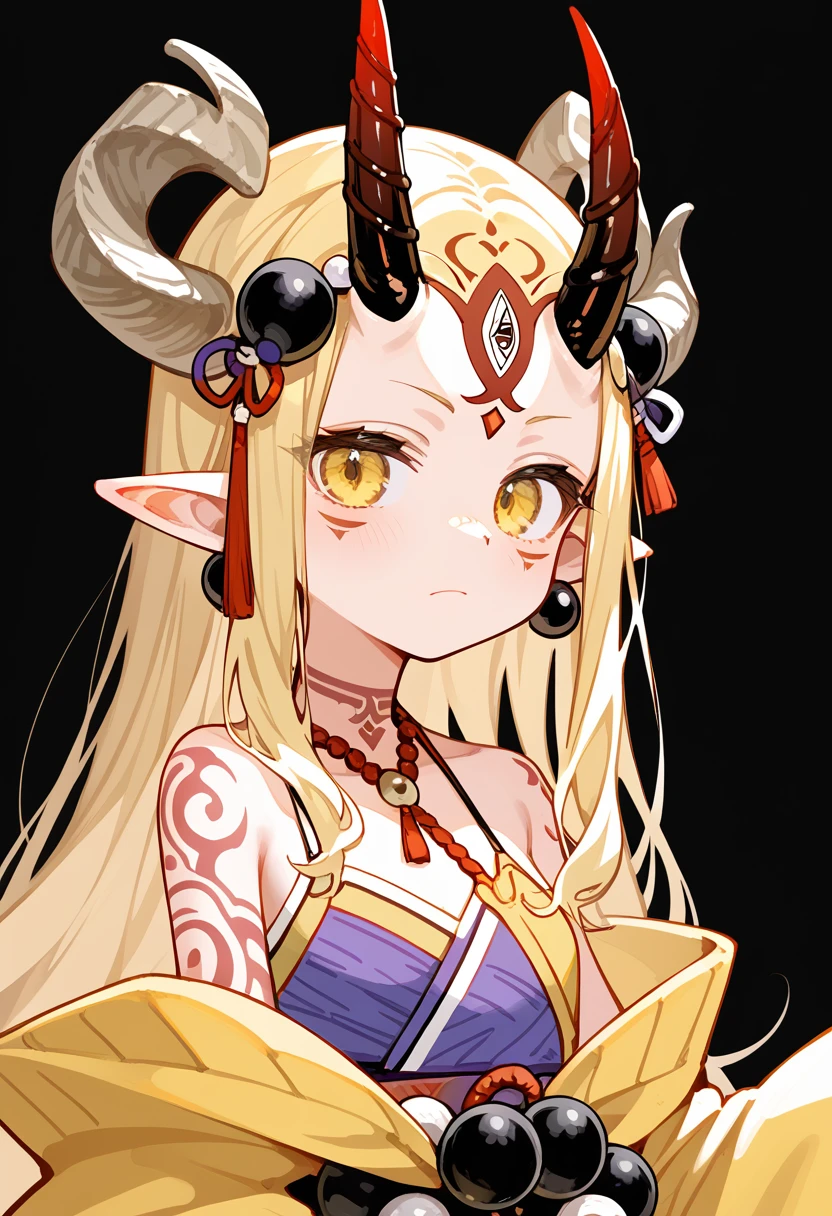 masterpiece, Highest quality, (score_9, score_8_superior, score_7_superior), One girl, alone, close-superior, Long Hair, Blonde, Side Lock, Yellow Eyes, Pointed Ears, Facial blemishes, tattoo, Forehead mark, They are, horn, neutral, Severe, View your viewers, kimono, Yellow kimono, Head ornament, Earrings, jewelry, beads, Off the shoulder, Wide sleeves, superiorper body, Black background, 