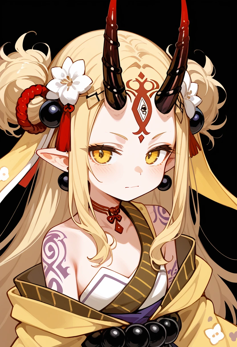 masterpiece, Highest quality, (score_9, score_8_superior, score_7_superior), One girl, alone, close-superior, Long Hair, Blonde, Side Lock, Yellow Eyes, Pointed Ears, Facial blemishes, tattoo, Forehead mark, They are, horn, neutral, Severe, View your viewers, kimono, Yellow kimono, Head ornament, Earrings, jewelry, beads, Off the shoulder, Wide sleeves, superiorper body, Black background, 