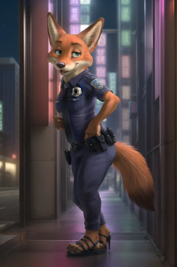 (energetic, by honovy, от zenthetiger, from Sausch), Nick Wilde, Female, Fox, alone, tie, safe, dressed, green eyes, Police uniform,sandals with heels,standing, city, Street, Tokyo, Akihabara, neon lights, night