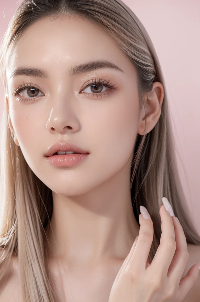 A close-up portrait of a woman in a salon setting, focusing on her hair, eyelashes, and eyebrows. She has dusty pink nail polish on her nails, which are visible near her mouth. The background is white with soft white light shining through, creating a clean and bright atmosphere.