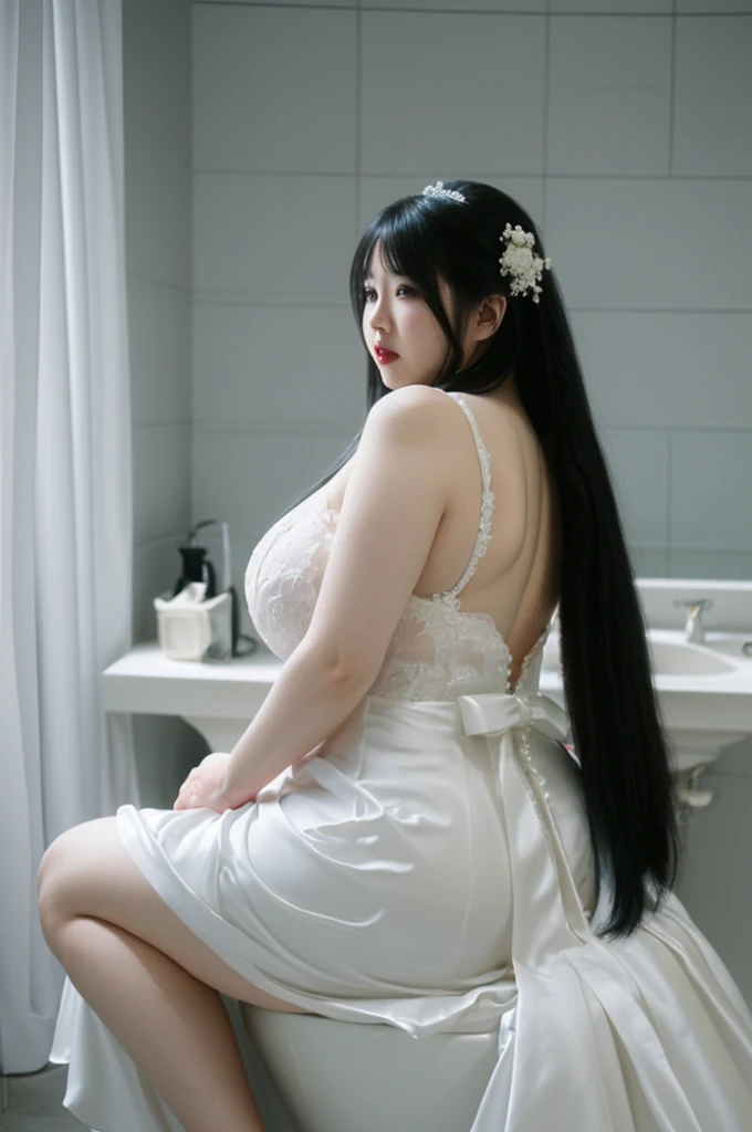bride、Wearing a wedding dress、Super fat、Big Breasts、Big Ass、Super long straight black hair、Small private room、Sitting on the toilet