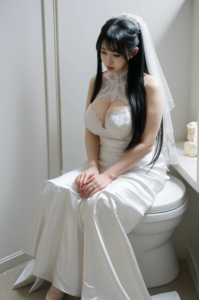 bride、Wearing a wedding dress、Super fat、Big Breasts、Big Ass、Super long straight black hair、Small private room、Sitting on the toilet