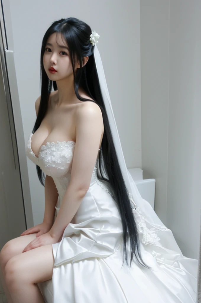 bride、Wearing a wedding dress、Super fat、Big Breasts、Big Ass、Super long straight black hair、Small private room、Sitting on the toilet
