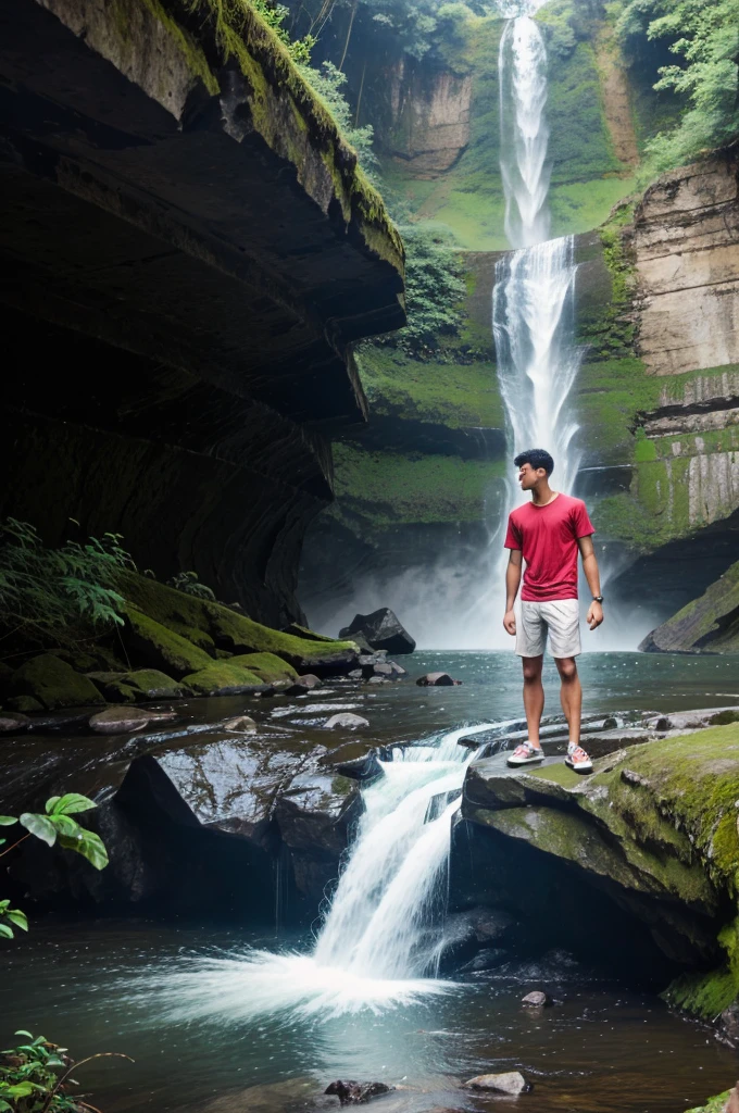 A young man who went to visit to waterfall