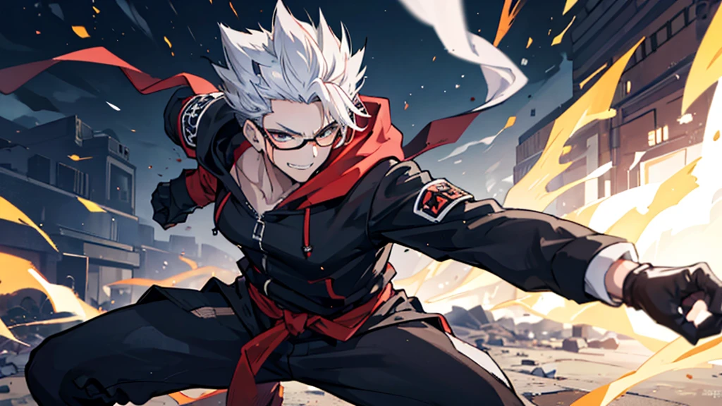 Perfect anatomy and highly detailed face, Delicate depiction of the eyes, Accurate drawing, Beautiful Hair, Detailed Background, Edgy, Depiction of one human male in combat. Subjects must be men in their late 20s only., Red hoodie and black pants, Warm, loose-fitting clothing, , A casual fashion style where you wrap your jacket around your waist, Tanned or deep brown skin, Her distinctive white or silver hair is tied in a short ponytail., He wears his distinctive trademark thick black-rimmed glasses., Mafia with a cynical smile, A Villain with a Very Deep Wound, A sarcastic man with a malicious smile, A young man with narrowed eyes smiling, I have inner loneliness, Deep down, I feel like life is hard, Jealousy and envy towards successful people, The insight and resignation that come from hard work and failure, Perverse Desperation, The scene of a large-scale indiscriminate terrorist attack, Burning and collapsing building,