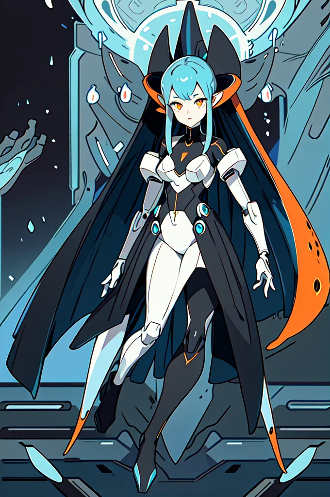 ((masterpiece、Highest quality、8K、humanoid squid、One Woman))、(Black body with blue sub-color、whole body、Are standing)、Robot Eyes、Orange Eyes、feminine、Shiny、Emitting light、lips、Thick legs、Transform Style、whole body画像