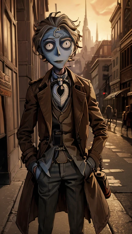 best quality,masterpiece,1boy,solo,(((13years old))),japanese boy,an extremely cute and handsome boy,highly detailed beautiful face and eyes,petit,cute face,lovely face,baby face,shy smile,show teeth, Blonde hair,short hair,flat chest,skinny,slender,(((wearing John Constantine costume,brown Trench Coat))),(((standing in Tim Burton Animation style metropolis city))),he is looking at the viewer,