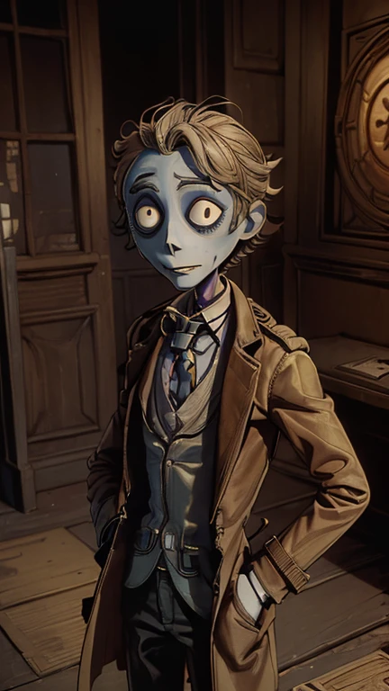 best quality,masterpiece,1boy,solo,(((13years old))),japanese boy,an extremely cute and handsome boy,highly detailed beautiful face and eyes,petit,cute face,lovely face,baby face,shy smile,show teeth, Blonde hair,short hair,flat chest,skinny,slender,(((wearing John Constantine costume,brown Trench Coat))),(((standing in Tim Burton Animation style metropolis city))),he is looking at the viewer,
