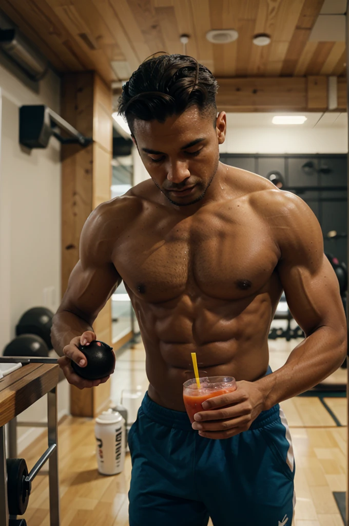 gym, man mixing a sports nutrition cocktail