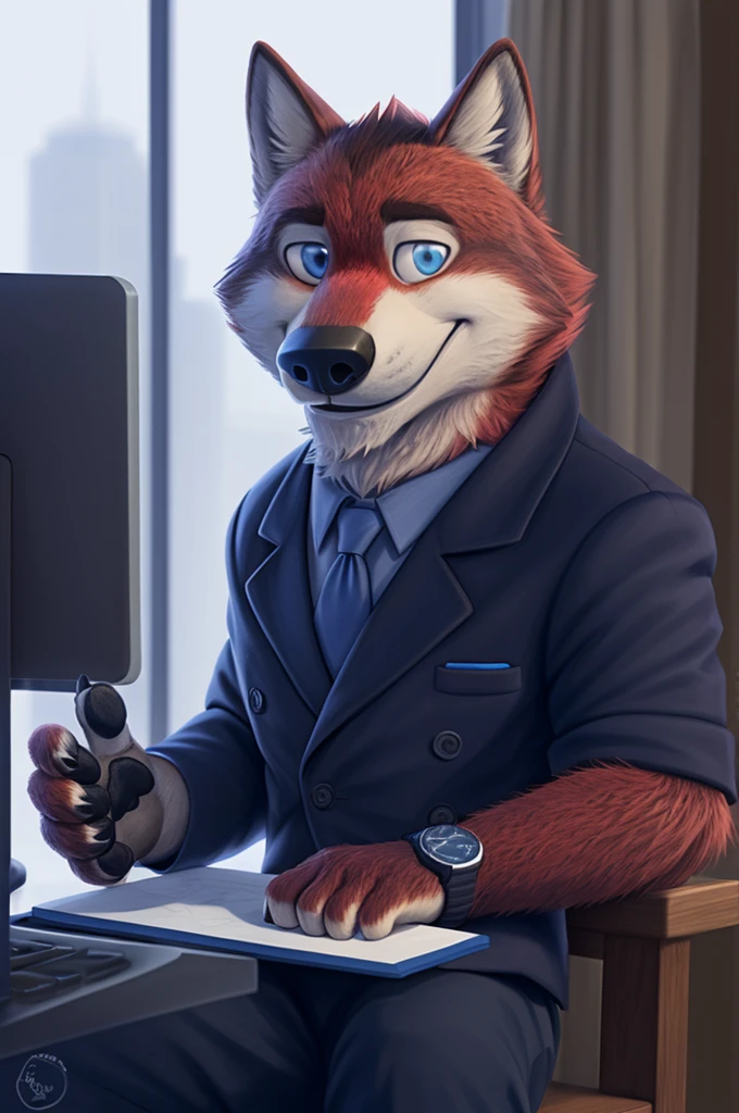 Ivan Fedorovich Wolfbach (Novosibirsk) ,Tall, handsome man, wolf,young, 24 years, brown fur,Kind,(red,body:1.3),beautiful blue eyes,Novosibirsk,dressed, черный пиджак awards on the jacket,shirt, tie, trousers, wolf, detailed fur, man ,paw pads, finger claws,per viewer, 5 fingers, paws, 5 fingers, smile, wrist watch, nextel, by xenoforge, (complex, high detail, digital photography, soft focus, RAW variety viewer, Very close to the camera) , variety, Novosibirsk, smile, good mood, positive, Very close to the camera, GOVERNOR, is sitting, at the computer, is sitting за компьютерным столом,cabinet, GOVERNORа, writes documents, to the city, GOVERNOR Novosibirskа, awards on the jacket,
Photorealism, realism, digital style, Subsurface scattering, I look at the viewer, smdit writes a book, a glass of water, handle, paper,
masterpiece, Best quality, ultra realistic, 8 thousand.)