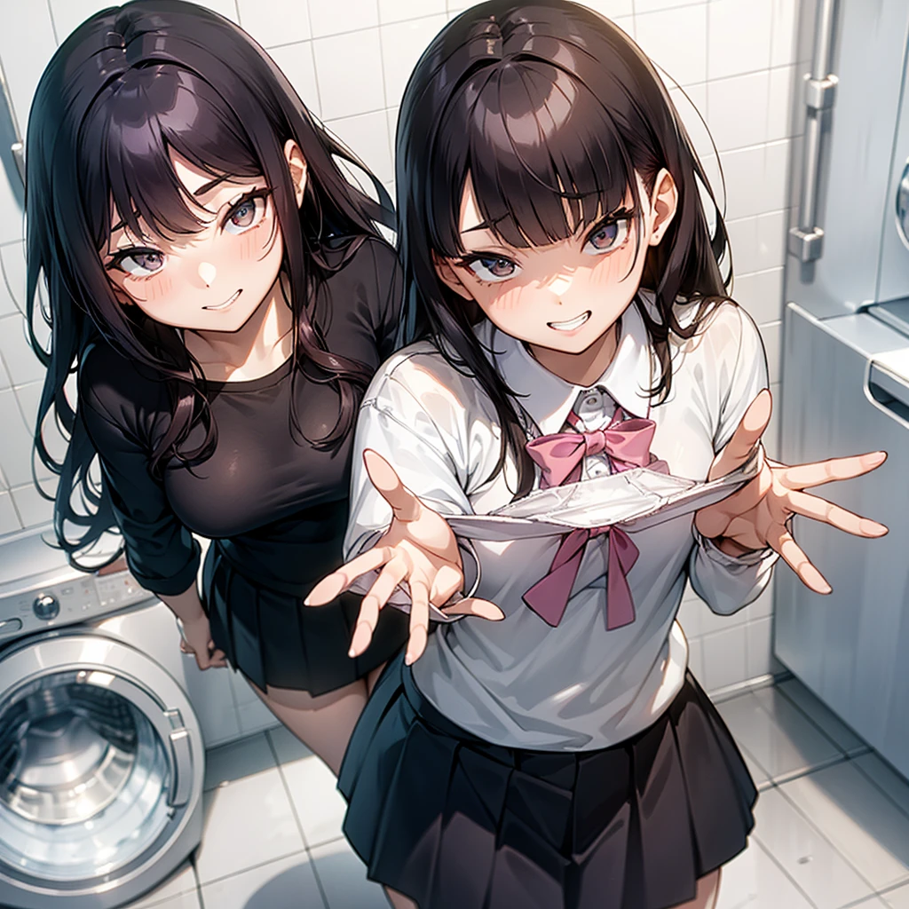One girl,
Laundry room,washing machine, Laundry basket, a few underwears are in a Laundry basket,
hair,Color Hair Color, Small breasts、blush, bow, Long sleeve, shirt, shirt, skirt, skirt, skirt, Small breasts,
{{{Face close-up}}},Upper Body,,Pay attention to the panties,Quality underwear,
Looking down,View your viewers,
Panties as a gift,
Tabletop, highest quality, , Absurd, Perfect Skin, Detailed skin texture, Ultra-detailed, 8k, Intricate details, Beautifully detailed face,High resolution,
{{{Shadowed face}}}, mock, {{{Grit your teeth:1.2}}}, Grin, smile, Looking down, masterpiece,Absurd, Beautiful detailed face when viewed from the front,
