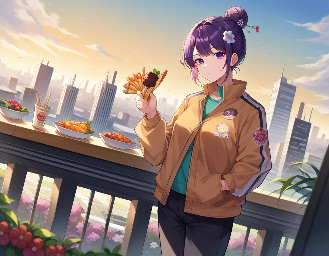 score_9, score_8_superior, score_7_superior, sauce_anime,
katsushikaHokusai, Hokusai, bangs, Purple eyes, Purple Hair, Mature Woman,
short hair, hair ornaments, flower, hair flower, Food, Hair Bun, single Hair Bun, Long sleeve, Jacket, pants, Food, Official Alternative Costumes, Foodie, black pants, Food down, casual, Fooded Jacket, white Foodie,
Outdoor, Cityscape, I had already finished,
View your viewers, Dutch Angle, Cowboy Shot