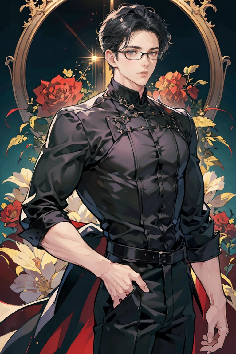 (masterpiece), best quality, seductive eyes, mature but pretty face, prince-like face, handsome man, red eyes, slicked back haircut, short length black hair, black shirt, black pants, big biceps, massive shoulders, big forearms, half body, anime cover, 1boy, no sleeves, both hands on pockets, masculine, glasses