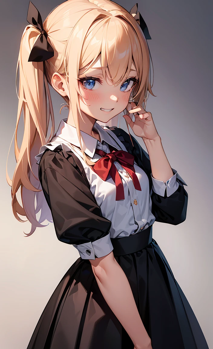 NSFW,One girl,
(Flat Chest:1.3),(shirtのボタンを開けて胸を見せてくれる:1.5),Beautiful breasts,(shirtを脱ぐ:1.5),(Small breastsが見える:1.5)
Blonde, {{{Half Twin Tail:1.3}}}、break,blush, bow, 赤いbow, Long sleeve, shirt, 襟付きのshirt, skirt, プリーツskirt, 黒いskirt, Small breasts,
{{{Face close-up}}},Upper Body,
Look down,View your viewers,
Tabletop, Highest quality, , Absurd, Perfect Skin, Detailed skin texture, Ultra-detailed, 8K, Intricate details, Beautifully detailed face,High resolution,
{{{Shadowed face}}}, mock, {{{Grit your teeth:1.2}}}, Grin, smile, Looking down at the viewer, masterpiece,Absurd, Beautiful detailed face when viewed from the front,