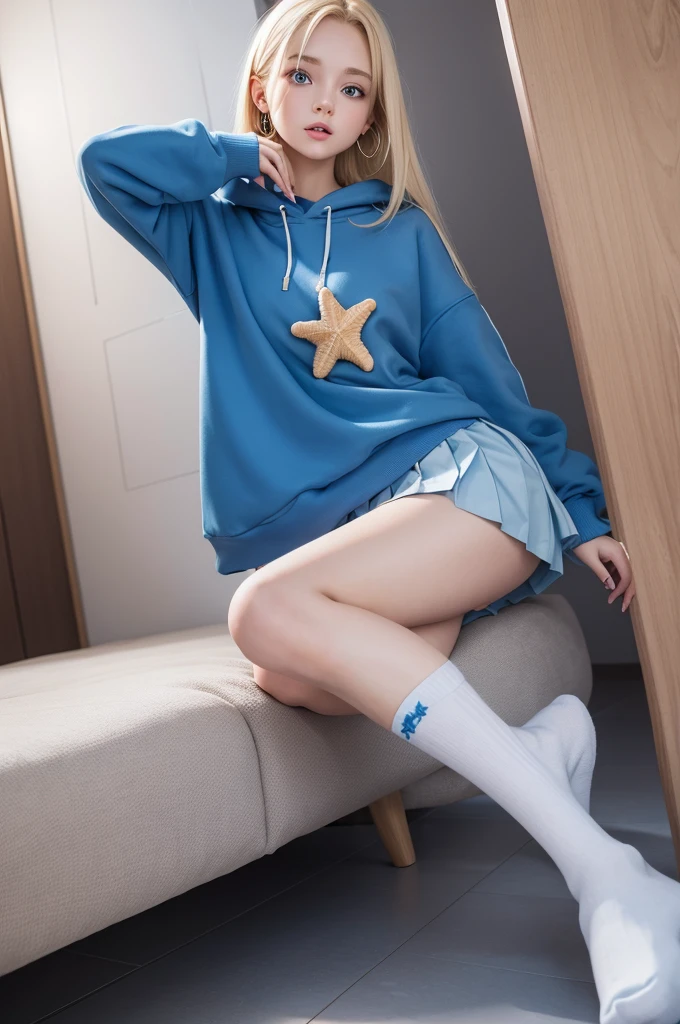  blonde with straight medium hair blue eyes blue sweatshirt and blue pleated skirt blue long socks with starfish earrings 