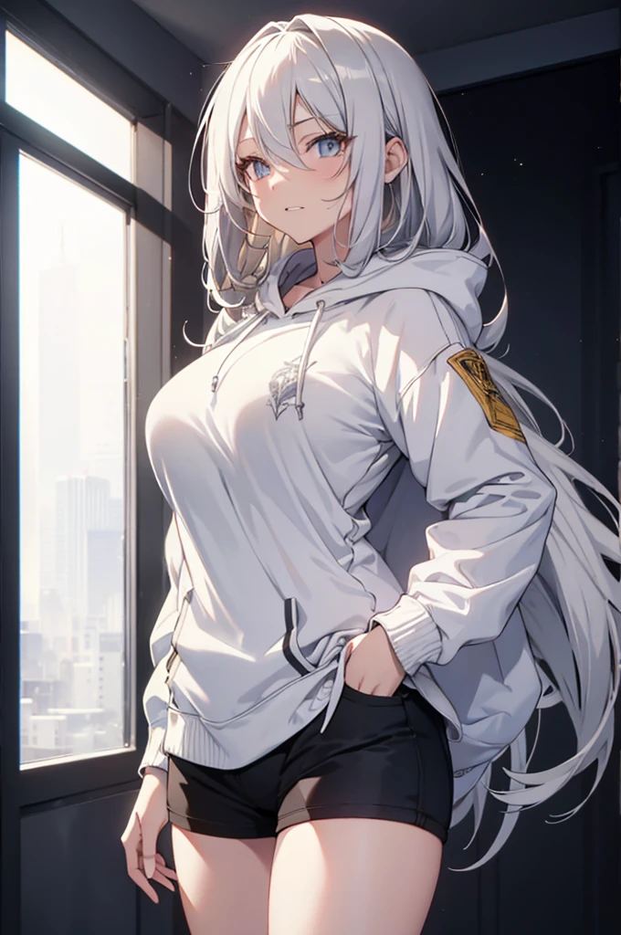 , Concept Art, white Background, simple Background, White hair, Silver gradient hair , Composite cloth, Virtual YouTuber, best quality, masterpiece, Dynamic Angle, , cowboy_shooting, Watching_Back, grab, girl,Miss,woman, young,20 years old, , Hair Flip, Silver Hair, Flowing hair, Ahog, giggle, Beautiful and delicate golden eyes, teeth, Large Breasts, Blonde eyes, White skin, hoodie, Black_shorts, Gray clothes, transparent_Background, Backlighting, absurd, high resolution, Extremely detailed,sweater,