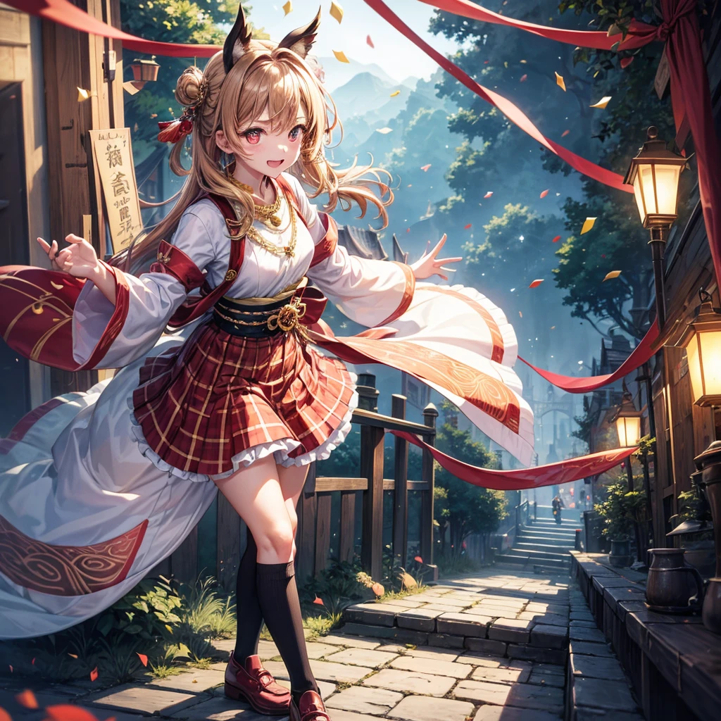 Pink, red, brown, gold, gold hair、Red gold eyes、Hair tied up、One good looking girl、solo、anime、Checkered mini skirt、Ruffles on the skirt、Checked dress、blouse、Kimono、Black knee-high socks、Ribbon、Ribbon on waist、Teeth are visible、Sparkly Necklace、From above、Cobblestones、waterfall、Starry Sky、Midnight Moon、suspension bridge、beam、Standing still、Transparent、Dragon flying、goddess、Edo、Confetti、Kicking、Ancient City、Arranging stones