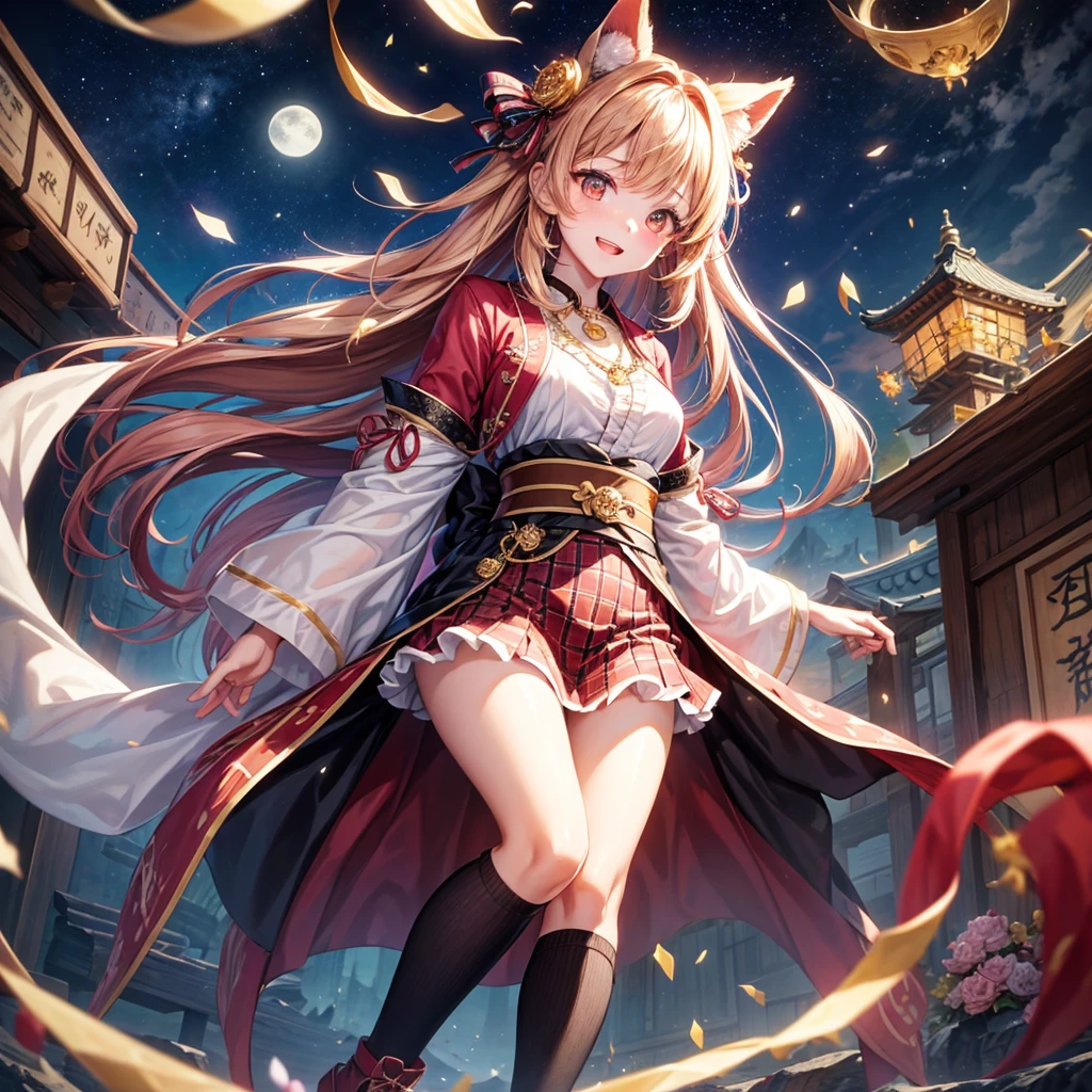 Pink, red, brown, gold, gold hair、Red gold eyes、Hair tied up、One good looking girl、solo、anime、Checkered mini skirt、Ruffles on the skirt、Checked dress、blouse、Kimono、Black knee-high socks、Ribbon、Ribbon on waist、Teeth are visible、Sparkly Necklace、From above、Cobblestones、waterfall、Starry Sky、Midnight Moon、suspension bridge、beam、Standing still、Transparent、Dragon flying、goddess、Edo、Confetti、Kicking、Ancient City、Arranging stones
