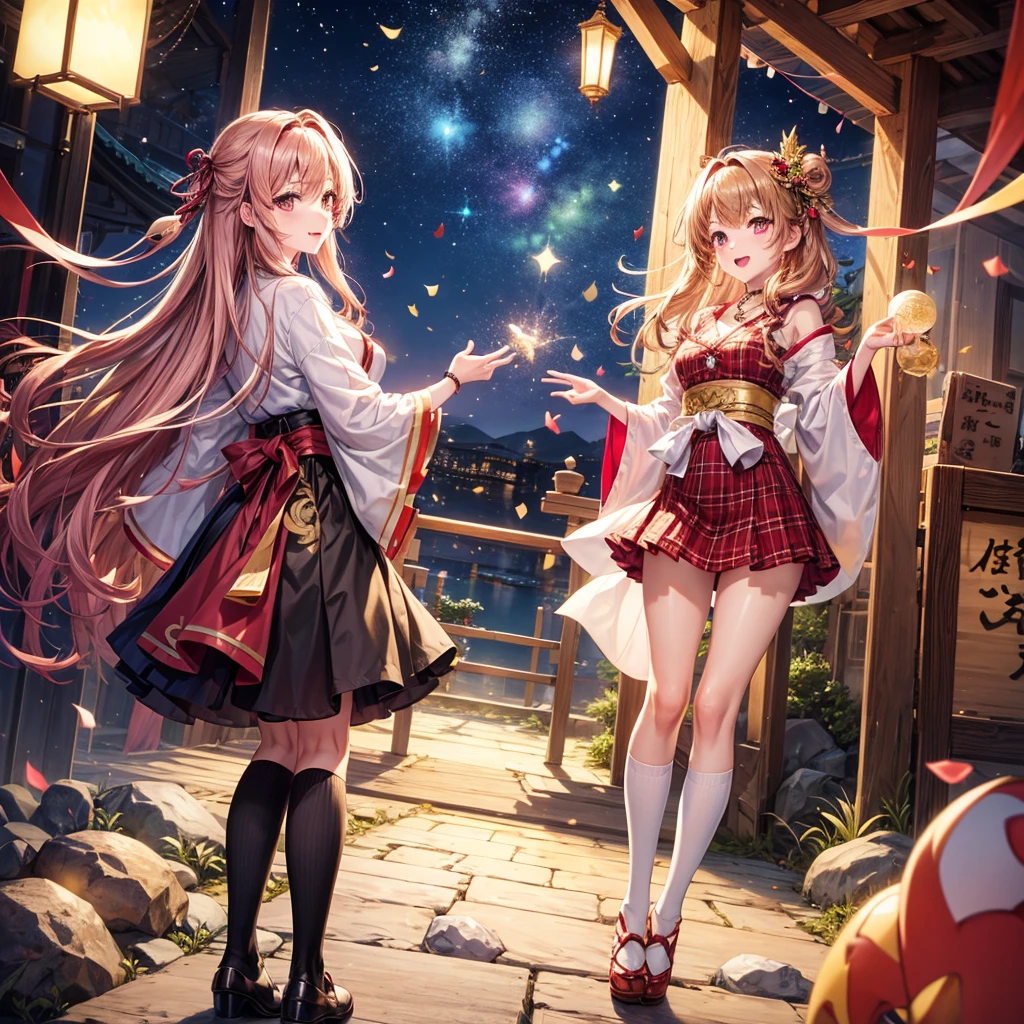 Pink, red, brown, gold, gold hair、Red gold eyes、Hair tied up、One good looking girl、solo、anime、Checkered mini skirt、Ruffles on the skirt、Checked dress、blouse、Kimono、Black knee-high socks、Ribbon、Ribbon on waist、Teeth are visible、Sparkly Necklace、From above、Cobblestones、waterfall、Starry Sky、Midnight Moon、suspension bridge、beam、Standing still、Transparent、Dragon flying、goddess、Edo、Confetti、Kicking、Ancient City、Arranging stones